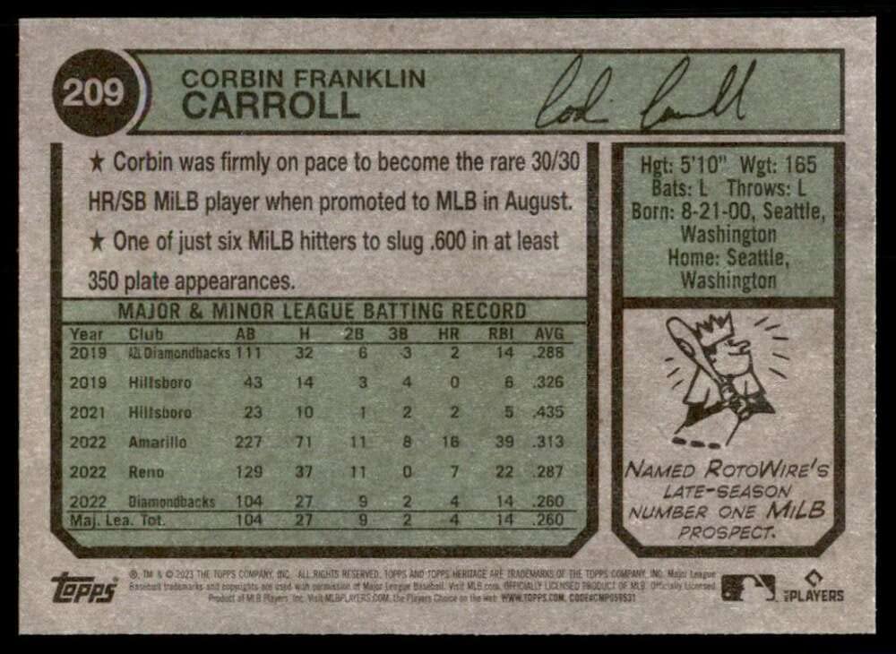 Amazon.com: 2023 Topps Heritage #209 Corbin Carroll RC Rookie